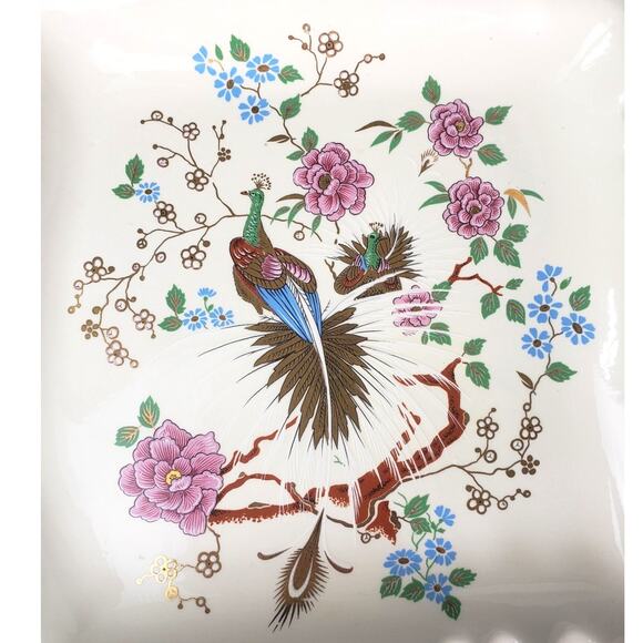 MCM Large Peacock Ashtray Pink Blue Flowers Tree Gold Gilt Accents Asian Art - Picture 3 of 9